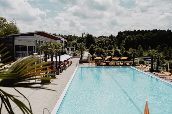 Sport-Becken mit Palmen und orangen Liegen in der Therme des Spa Resort Geinberg | © Spa Resort Geinberg / Chris Perkles